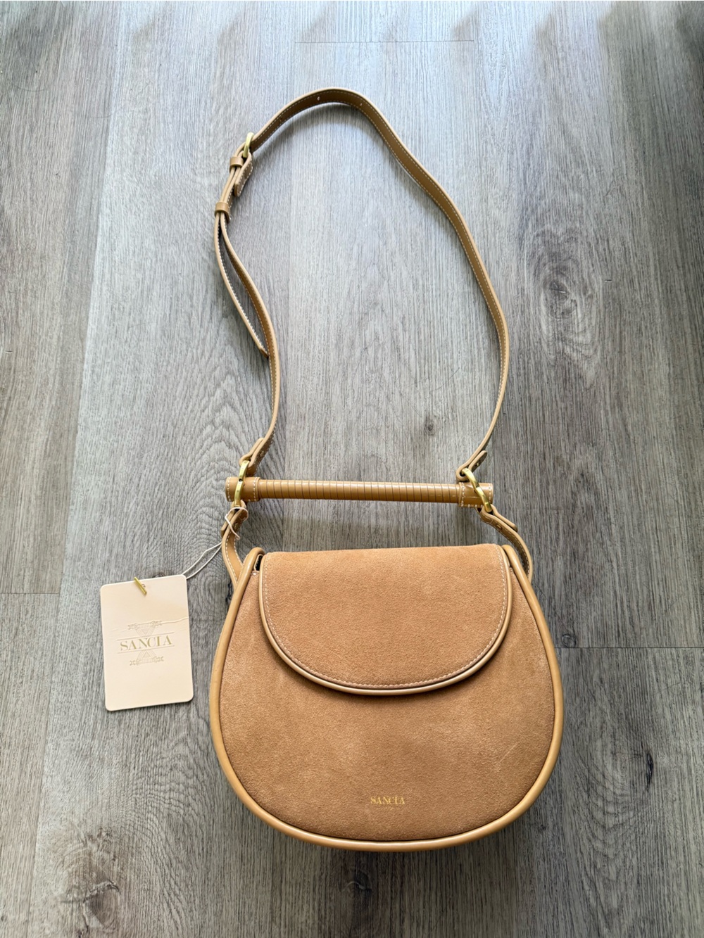 sancia the babylon moderne tan 100% suede leather bar bag crossbody purse NEW